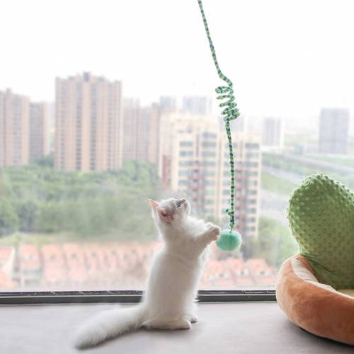 Играчка за коте - плюшена топка с пружина и звънче